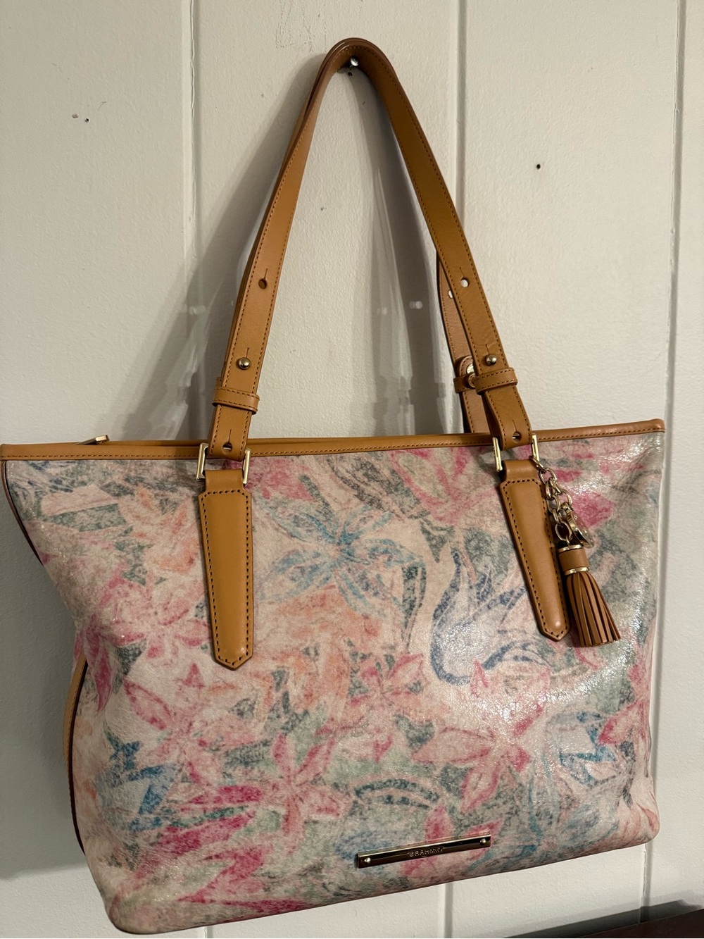 Brahmin Authentic Pastel Multi Color Floral Leather Tote with Tan & Gold Accents